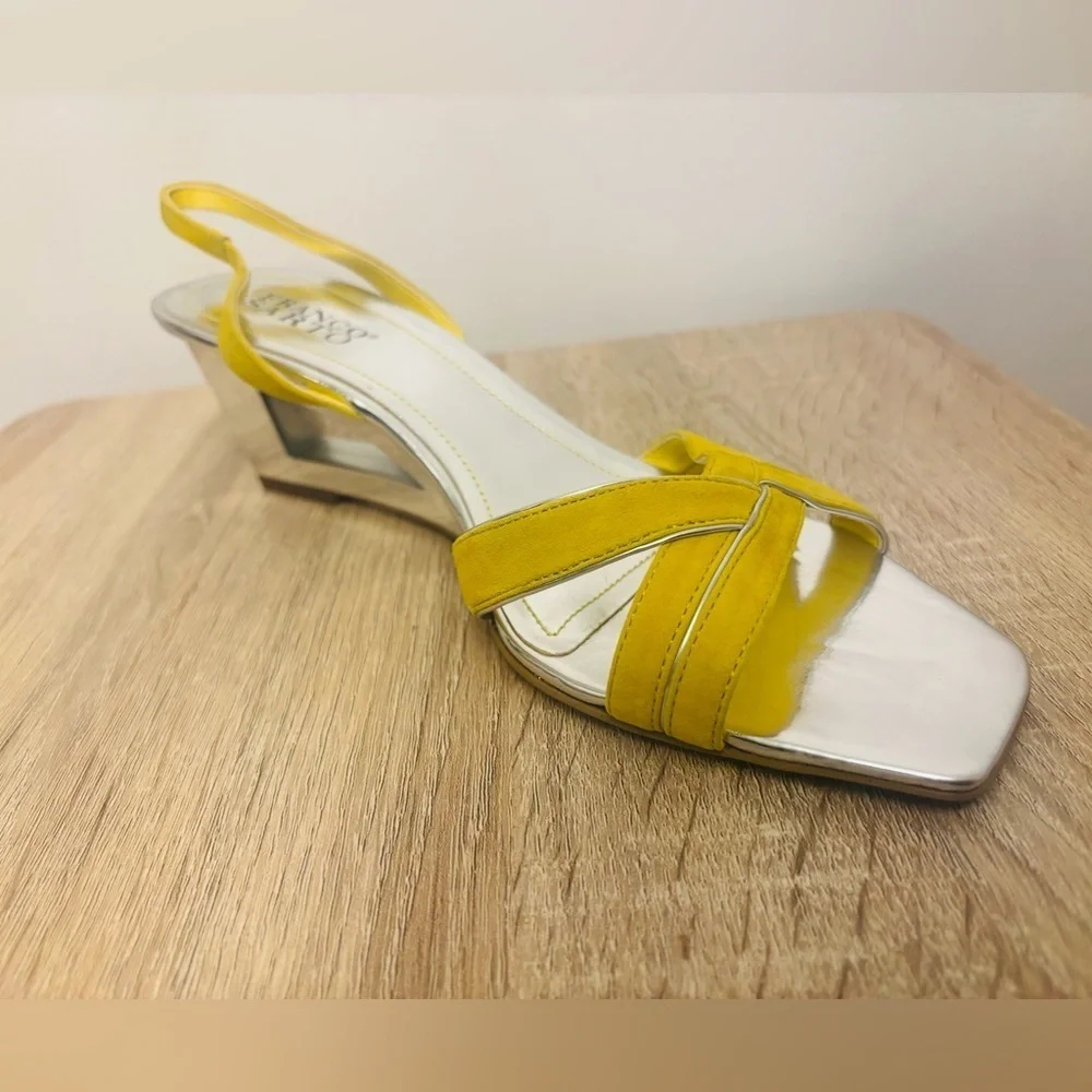 Franco Sarto Yellow and Silver Wedge Shoes with Geometric Straps Size 10